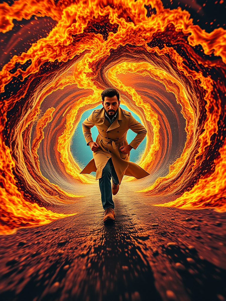 Create a vibrant and dynamic image of a man in a trench coat running through a swirling portal of fire and water, Nikon D850, f/2.8, 1/250s, ISO 100, wide-angle lens, low angle view, cinematic style.