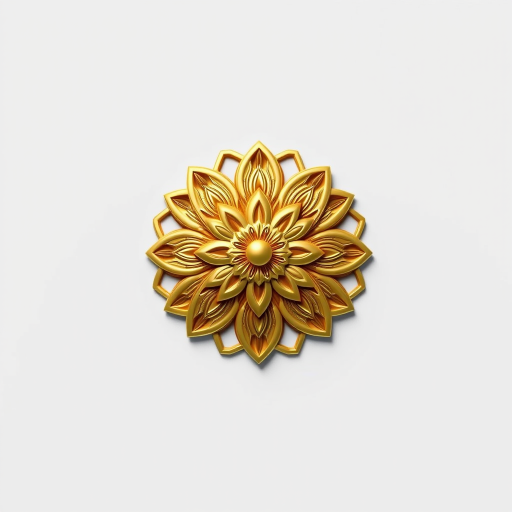 Create a high-resolution 3D render of a stylized golden flower emblem with intricate details, using a Canon EOS R5 camera, f/8 aperture, 1/100 sec shutter speed, ISO 100, 50mm lens, and a softbox lighting setup for even illumination.