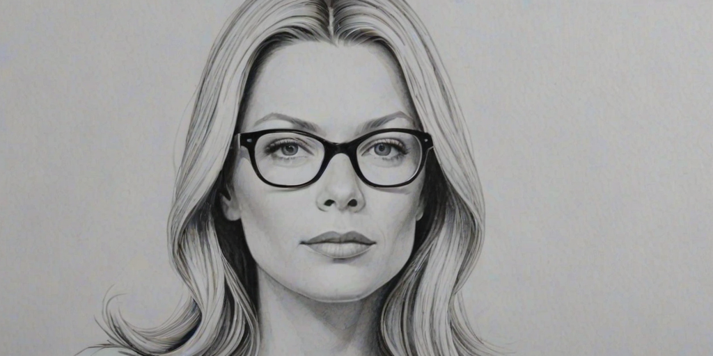 Superb Peta Wilson, pencil sketch, portrait of Splendid woman 1963s in glasses, hair style beatnik, outline, clear lines, fine lines, 8k