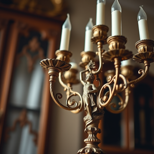 Create a detailed image of a vintage candelabra featuring intricate designs and a figure holding a set of candles, using a DSLR camera at f/2.8 aperture, ISO 100, and a shutter speed of 1/125 sec, captured in soft natural lighting with a focus on texture and depth, using a low-angle view to emphasize the height and detail of the candelabra.