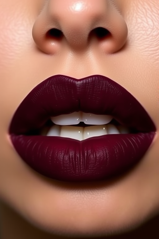 Matte burgundy lips with a velvet texture, called "Midnight Merlot," boast a rich, deep color and precise edges for a sophisticated evening appearance