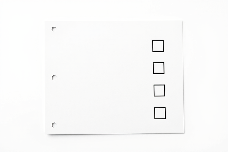 Create a realistic image of a blank note page with checkboxes, flat lay perspective, DSLR camera, f/2.8 aperture, ISO 100, 1/50 sec shutter speed, natural lighting, high-resolution.