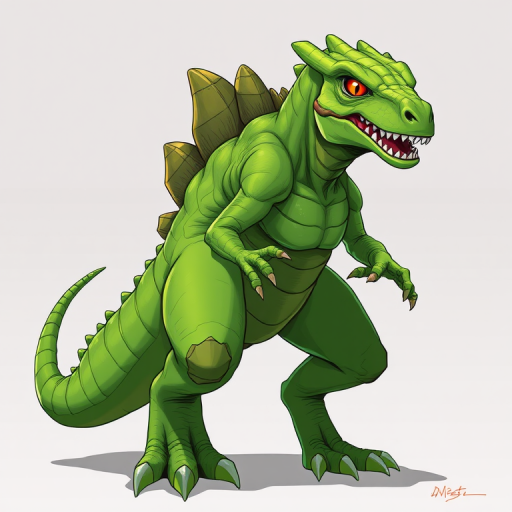 Create an illustration of a green, scaly dinosaur-like creature with a muscular build and bright orange eyes, in a dynamic pose, using a high-resolution digital art style; camera settings: 50mm lens, f/8 aperture, ISO 100, shutter speed 1/200s; camera view: side angle; camera type: DSLR.
