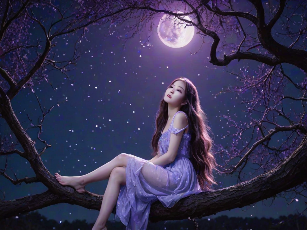 surreal, 1girl,Kpop idol, very long hair, floating hair,glowing hair, night scene,moon in the sky,purple hues,starry night,dreamlike atmosphere,glowing edges,mystical,high contrast,ethereal light,sitting on a tree branch,light particles
