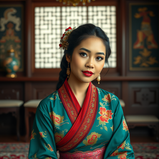 A beautiful Pacific Islander woman in traditional East Asian attire, intricately detailed with embroidered patterns, sitting gracefully in a richly decorated room, soft ambient lighting, serene and elegant, ultra-realistic, 8K resolution