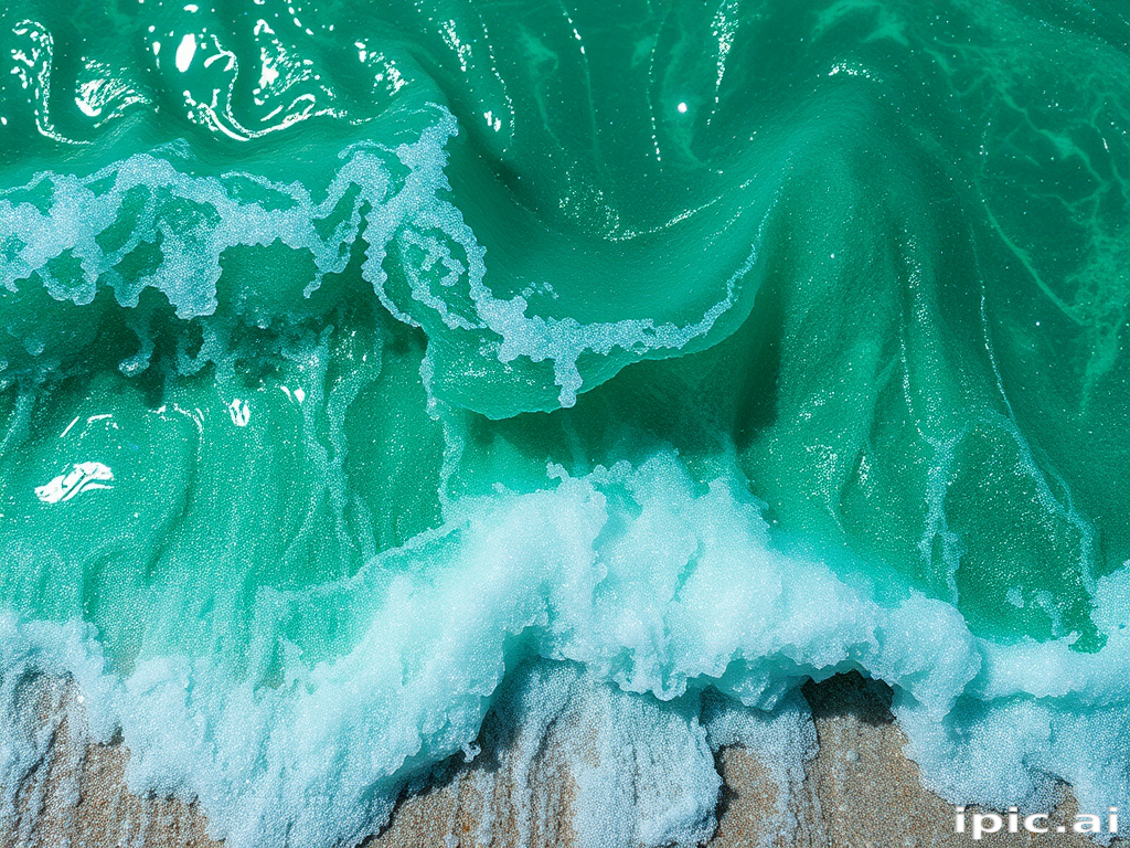 Captivating emerald green mermaid waves in the "Enchanted Sea" style shimmer with iridescent highlights and beachy texture