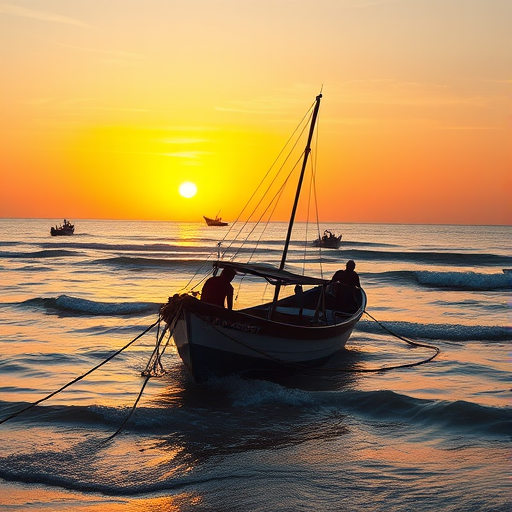 A vibrant coastal scene featuring a fishing boat struggling in shallow waters, with fishermen at work, captured at sunset, using a Canon EOS 5D Mark IV, f/8 aperture, ISO 100, 24mm lens, with a shallow depth of field and a warm color balance.