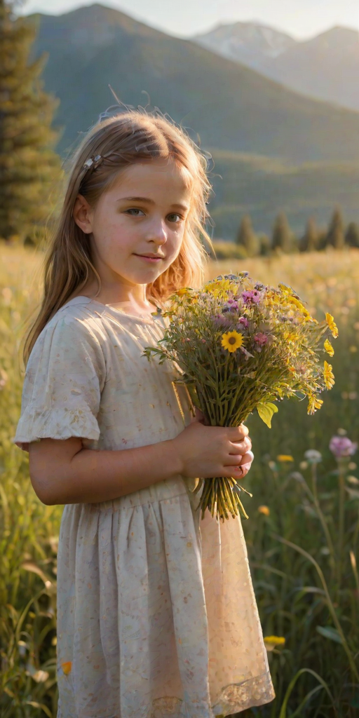 Soft-focus image of a young girl holding a bouquet of wildflowers in a sunlit meadow, soft golden light filtering through the trees, with distant mountains barely visible in the background.