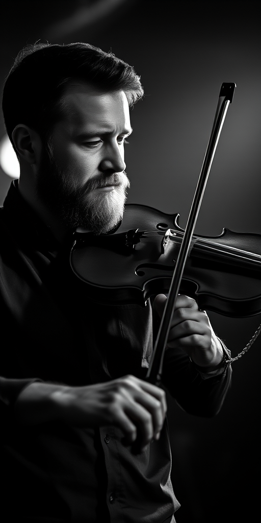 Photograph a man with a beard playing the violin in a low-key, dramatic lighting setup, using a Canon EOS R5 camera, 50mm lens at f/1.8, ISO 100, shutter speed 1/125 sec, captured from a slightly low angle to emphasize expression and movement, in monochrome to highlight contrast and texture.