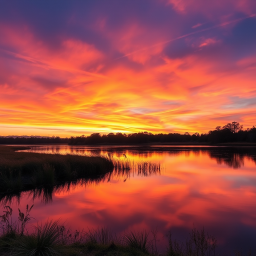Create a high-resolution image of a serene landscape at sunset, with vibrant colors in the sky reflecting on a calm lake, using a DSLR camera with a 24mm lens, f/8 aperture, ISO 100, and a low-angle view to capture foreground details.