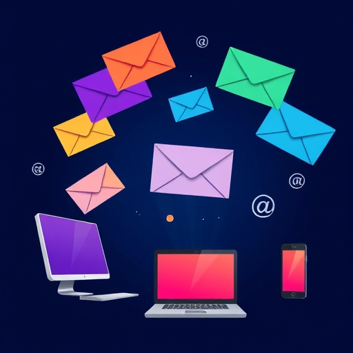 Create a digital illustration of colorful envelopes in various shades flying towards multiple electronic devices including a desktop computer, laptop, and smartphone, set against a dark blue background with subtle '@' symbols, use a wide-angle view with vibrant colors and high contrast, camera type: DSLR, settings: ISO 100, aperture f/8, shutter speed 1/250s.