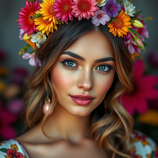 Generate a high-resolution portrait of a woman adorned with a crown of colorful flowers, vibrant and detailed, soft lighting, using a Canon EOS R5, with a 50mm f/1.2 lens, shot at ISO 100, aperture f/1.2, and a shallow depth of field to enhance the background blur.