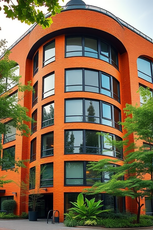 Capture a modern architectural building with a spiral design, featuring vibrant orange brick, large windows, and lush greenery, using a wide-angle lens at f/8, ISO 100, 24mm focal length, in soft natural lighting, with a DSLR camera.