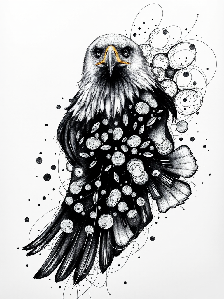 Create a high-resolution abstract illustration of an eagle with flowing ink lines and circular forms, using a DSLR camera with a 50mm lens, f/1.8 aperture, ISO 100, 1/250 sec shutter speed, top-down view for enhanced detail and sharpness.