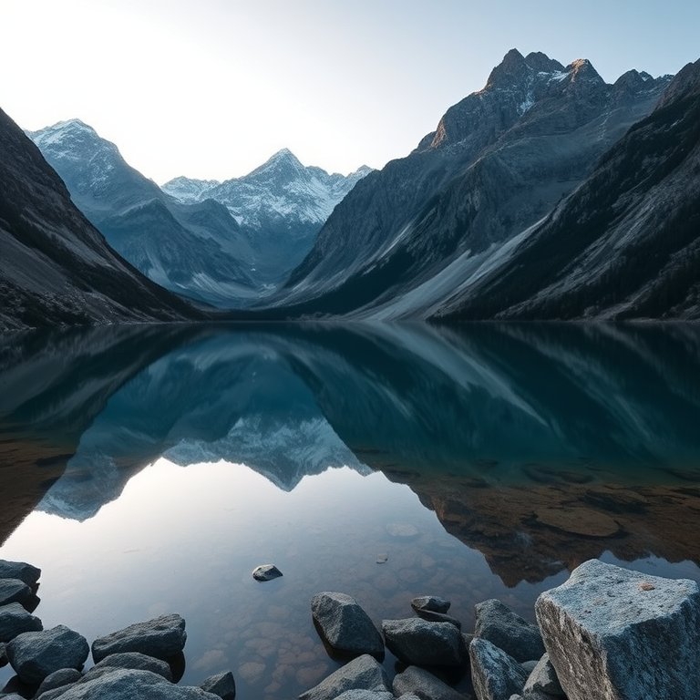 capture a serene mountain landscape with a lake reflecting the peaks, early morning light, f/11, ISO 100, 1/125s, wide-angle lens, DSLR camera, high dynamic range, clear focus on foreground and background detail