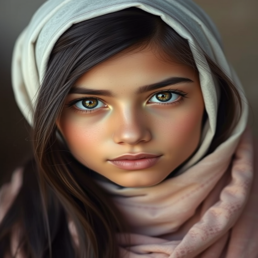 Create a portrait of a young Chaldean female with long, dark hair and captivating hazel eyes. She is wearing a white headscarf and a matching scarf draped gracefully around her neck. The background is softly blurred, focusing attention on her serene and natural expression. The overall color palette is muted and warm, enhancing the intimate and authentic feel of the portrait.