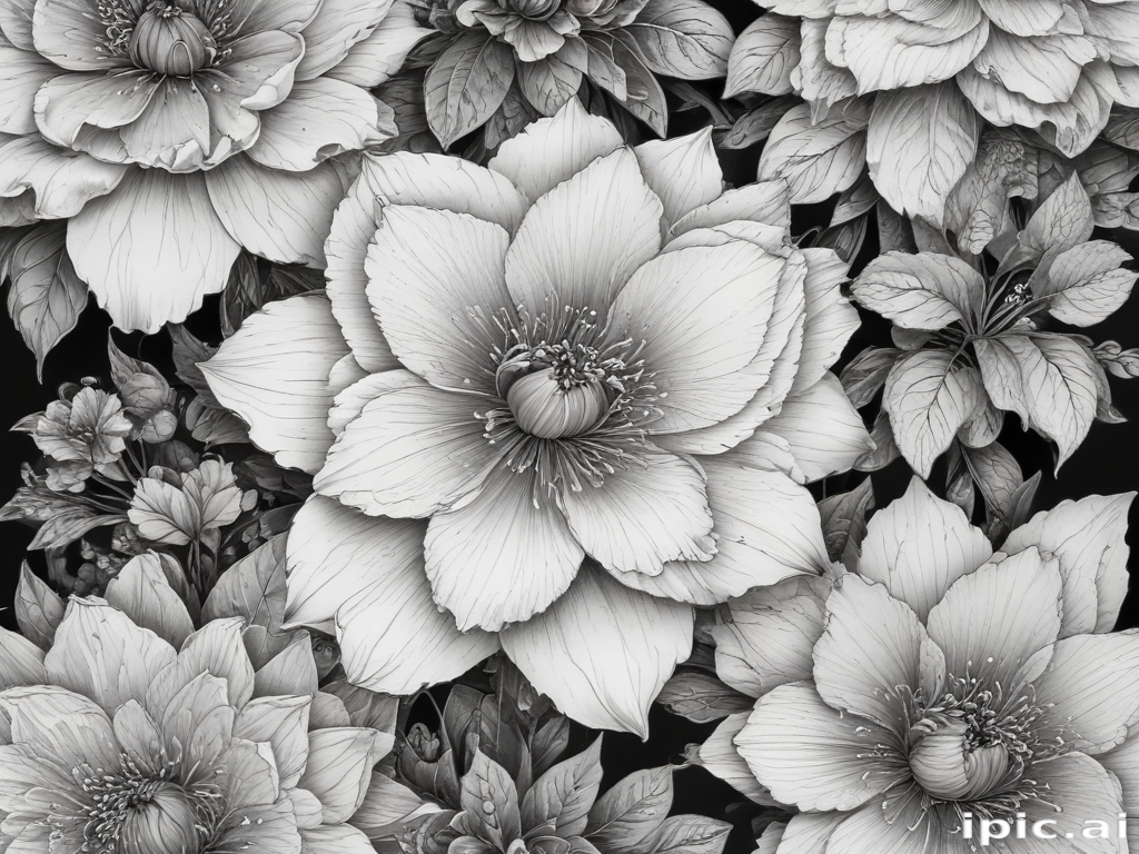 Intricate Black and White Floral Design Featuring Lush Blossoms and Leaves