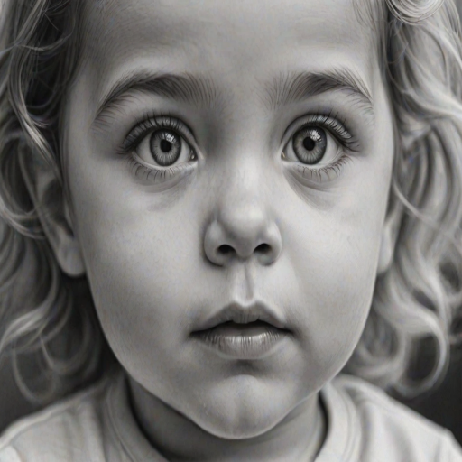 A hyperdetailed photorealistic black and white sketch of a beautiful toddler with deep white eyes, with a macro focus