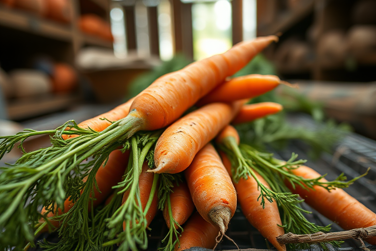 Close-up shot of freshly harvested carrots in a rustic setting, focus on texture and color, aperture f/2.8, shutter speed 1/100 sec, ISO 200, macro lens, natural light, DSLR camera.