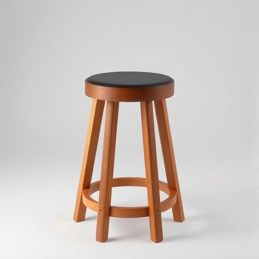 Create a high-resolution image of a wooden stool with a circular black seat, using a DSLR camera with a 50mm lens, aperture f/2.8, ISO 100, in a well-lit studio setting, frontal view, and smooth background for enhanced focus on the stool.