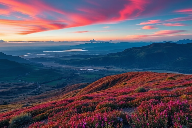 Create a high-resolution image of a scenic landscape with vibrant colors, using a Canon EOS R5 camera with a 24-70mm lens, aperture f/8, ISO 100, and a wide-angle view to capture the full expanse of the scene.