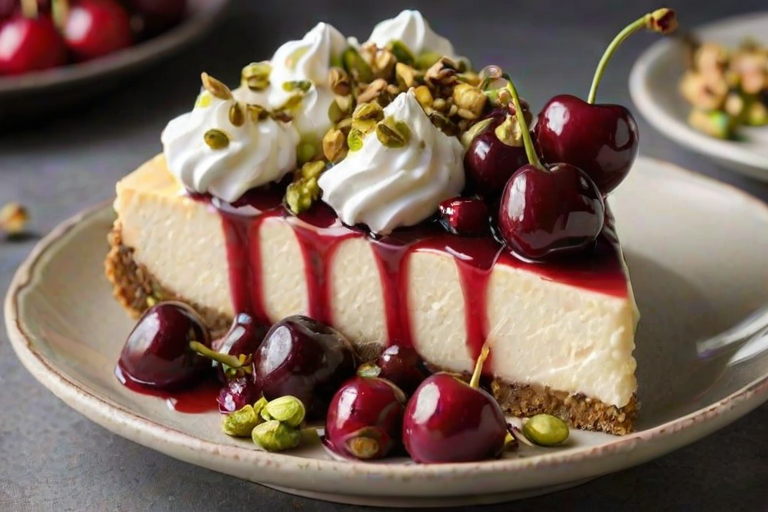 Create an image of a slice of cheesecake topped with fresh cherries, whipped cream, and crushed pistachios on a decorative plate. The cheesecake has a creamy texture and a crumbly crust, with a vibrant presentation featuring additional cherries and a drizzle of fruit sauce.