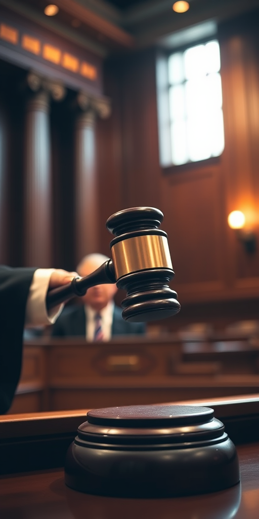 Generate an image of a judge striking a gavel in a courtroom, with warm lighting, shallow depth of field, 50mm lens, ISO 100, f/1.8 aperture, using a DSLR camera for enhanced image quality.