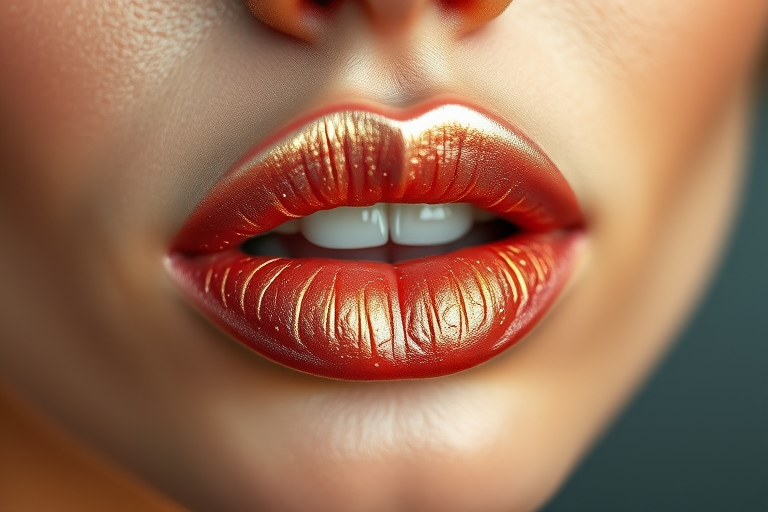 Dreamy woman lips showcasing a shimmering champagne lip gloss, luminous and multidimensional, reflecting light beautifully, enhancing natural lip shape
