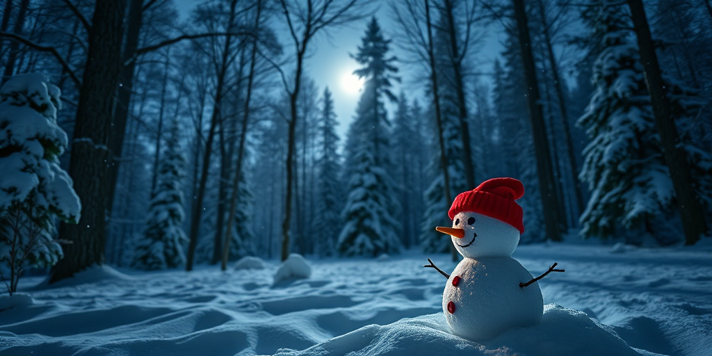 Create a snowy forest scene during night with a snowman wearing a red hat, moonlight shining through trees, falling snowflakes, captured with a DSLR camera, f/2.8 aperture, ISO 400, 24mm lens, 1/60 sec shutter speed, in a wide-angle view.
