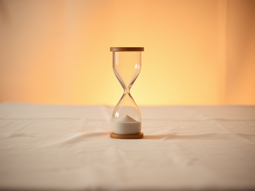 Create a photorealistic image of an hourglass on a white tablecloth with a soft gradient background, using a Canon EOS R5 with a 50mm f/1.2 lens, ISO 100, aperture f/2.8, and a focal length of 50mm, capturing warm lighting and a slight overhead angle for enhanced depth and detail.