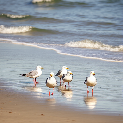 seagulls on the beach at low tide with gentle waves lapping at the shore, shallow depth of field, aperture f/4, shutter speed 1/500s, ISO 200, taken with a DSLR camera in natural light, landscape orientation