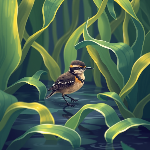 Create a vibrant illustration of a young bird amid lush, wavy aquatic plants, using a Canon EOS 5D Mark IV with a 50mm f/1.8 lens, aperture set to f/2.8, ISO 200, and a slight vignette effect for added depth.