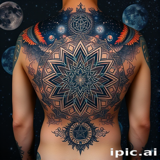 Cosmic sacred geometry tattoo incorporating intricate mandalas and fractal patterns, blending seamlessly with a starry night sky backdrop for a mesmerizing full-back masterpiece