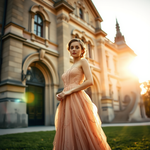 An elegant woman, dressed in a vintage gown, stands in front of a grand, historic building. The setting sun casts a warm, golden light on her