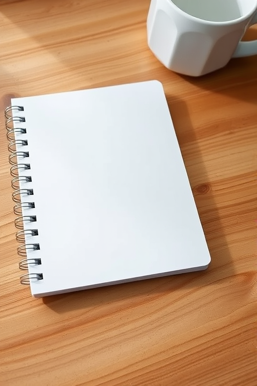 Create a high-resolution image of a plain white spiral-bound notebook lying flat on a wooden desk, captured with a Canon EOS R5, 50mm lens, aperture f/2.8, shutter speed 1/60s, ISO 100, in natural light for enhanced clarity and detail.