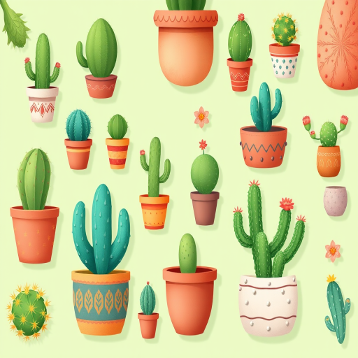 Create an illustration of various cacti in decorative pots on a soft green background, using a high-resolution digital canvas, flat lay view, with bright colors and a whimsical style, shot with a DSLR camera at f/2.8 for a shallow depth of field and vibrant contrast.