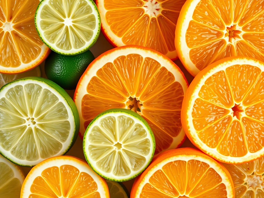 Create a high-resolution image of sliced citrus fruits, including oranges, limes, and lemons, arranged in a vibrant and colorful pattern, using a macro lens at f/2.8 aperture, ISO 100, 1/125 sec shutter speed, top-down view, natural lighting, digital camera.