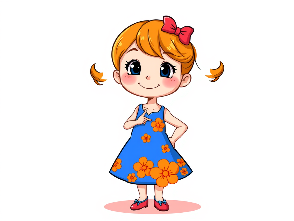 Generate a colorful illustration of a cartoon girl with a cheerful expression, wearing a blue dress with orange flowers, standing with one hand making a heart gesture, in high definition, using a digital drawing style, with a resolution of 300 DPI, and a vibrant color palette.