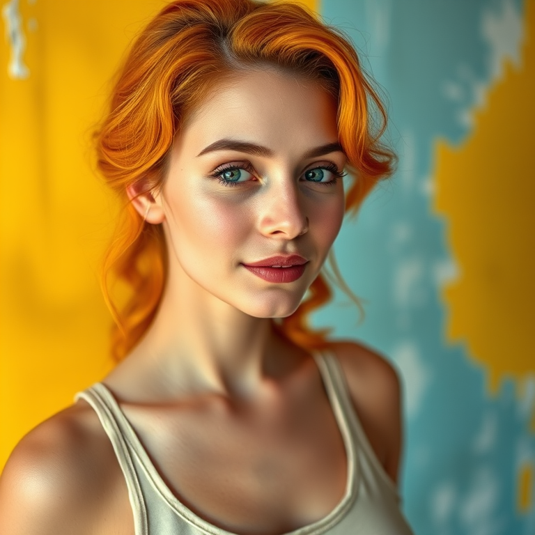 Create a high-resolution portrait of a woman with vibrant orange hair styled in soft waves, wearing a simple tank top, with a warm yellow and light blue abstract background, shot with a Canon EOS R5 at f/1.8, 50mm lens, in soft natural light, with a focus on her facial features and a slight vignette effect.