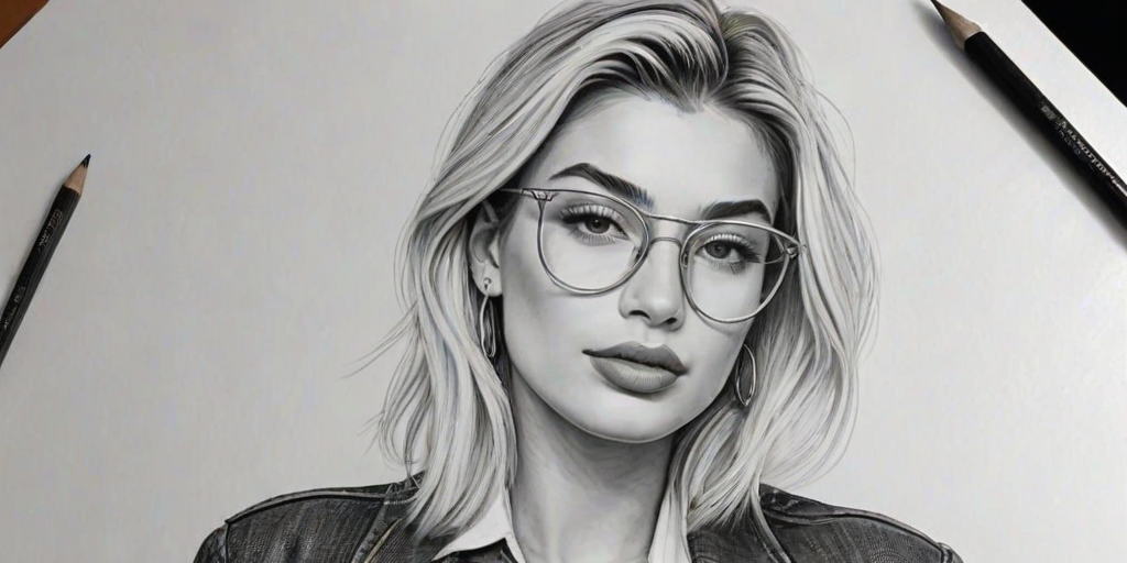 Exquisite Hailey Baldwin, pencil sketch, portrait of Magnificent woman 1946s in glasses, hair style beatnik, outline, clear lines, fine lines, 8k