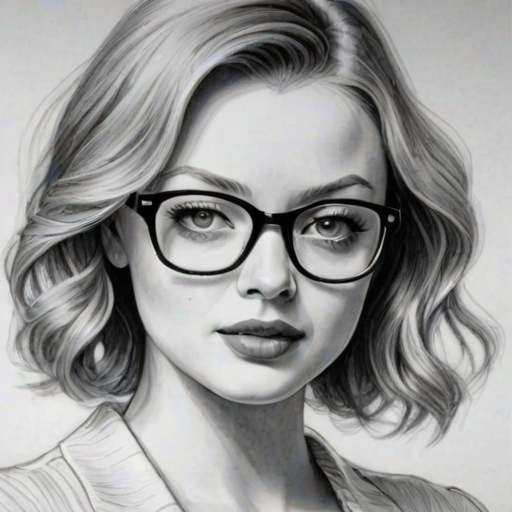 Graceful Francesca Eastwood, pencil sketch, portrait of Gorgeous woman 1929s in glasses, hair style beatnik, outline, clear lines, fine lines, 8k