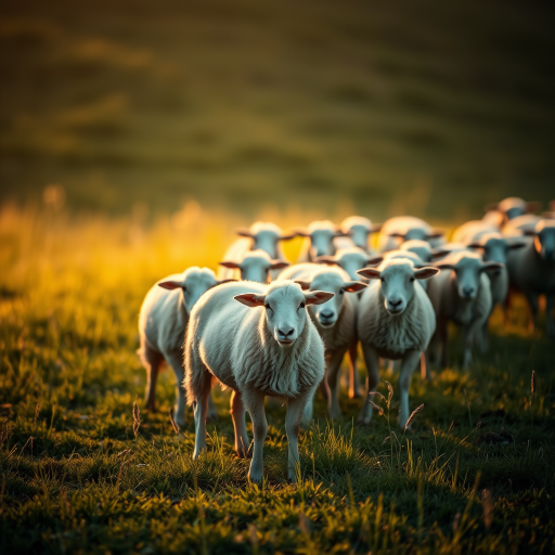 A flock of sheep grazing in a grassy field during golden hour, captured with a Canon EOS 90D, 50mm lens, f/2.8 aperture, ISO 100, 1/250 sec, soft focus for depth, capturing natural colors and warm light.
