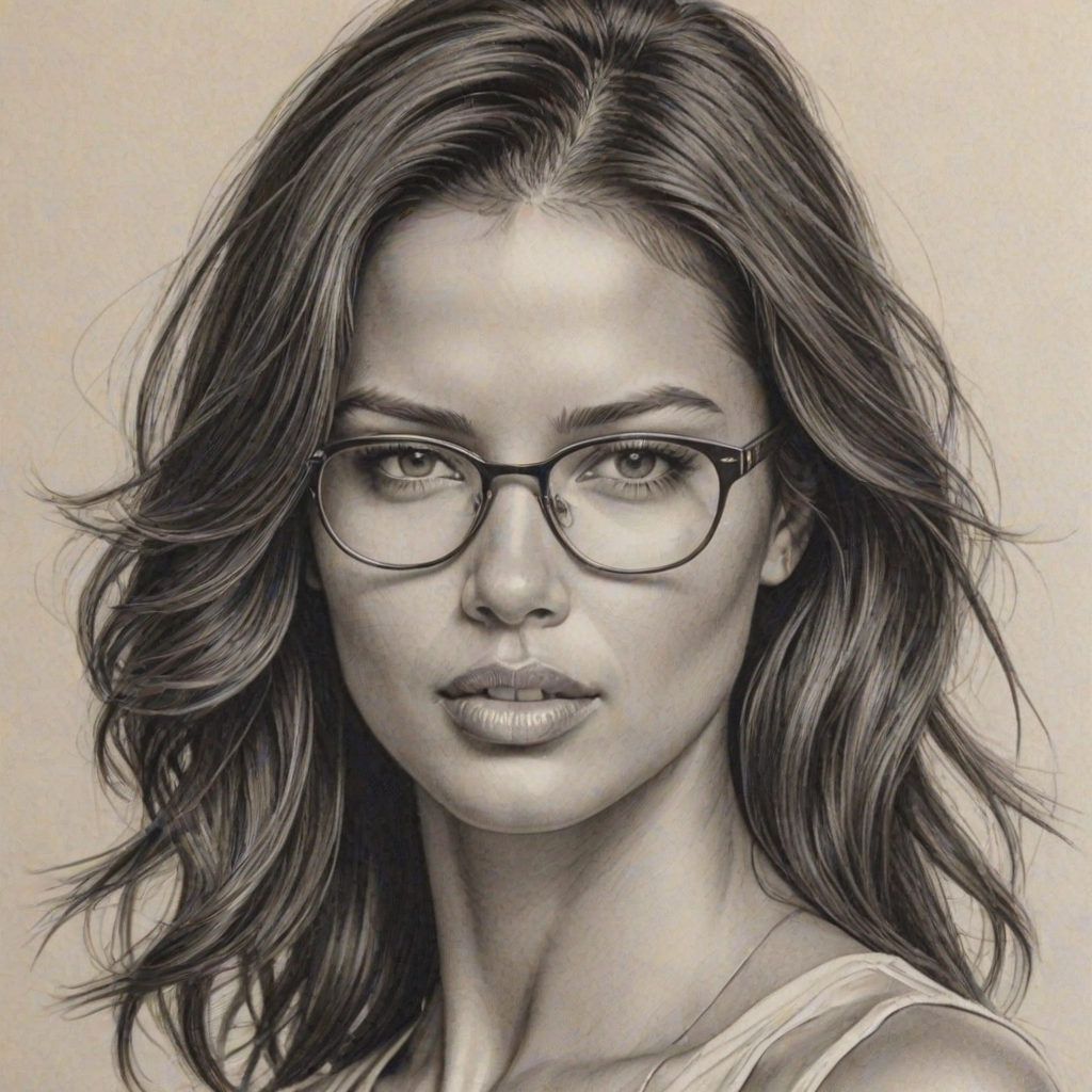 Alluring Adriana Lima, pencil sketch, portrait of Captivating woman 1973s in glasses, hair style beatnik, outline, clear lines, fine lines, 8k