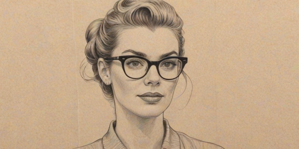 Comely Betty Gilpin, pencil sketch, portrait of Fetching woman 1956s in glasses, hair style beatnik, outline, clear lines, fine lines, 8k