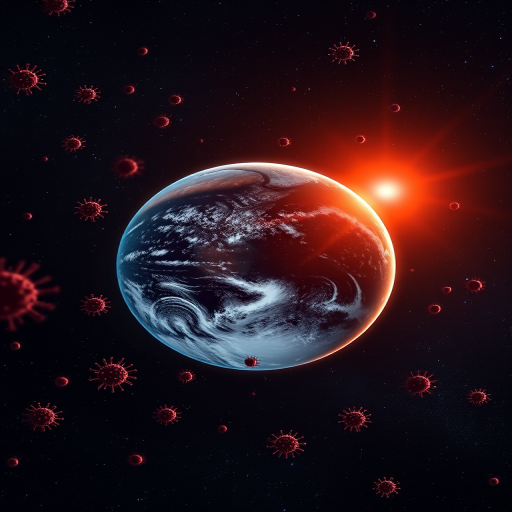 Create an image of Earth in space with corona virus particles floating nearby, 50mm lens, f/8 aperture, ISO 200, shot from a wide-angle view with a digital SLR camera for high resolution and clarity.