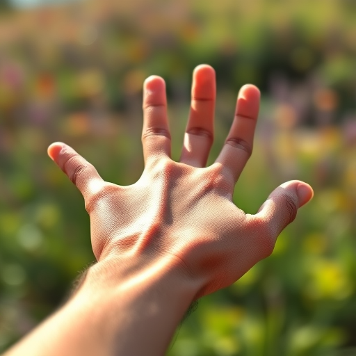 Create a highly detailed illustration of a human hand reaching out, captured with a DSLR camera at f/2.8 aperture, ISO 100, and a 50mm lens, using shallow depth of field for background blur, in natural lighting to highlight textures and shadows.