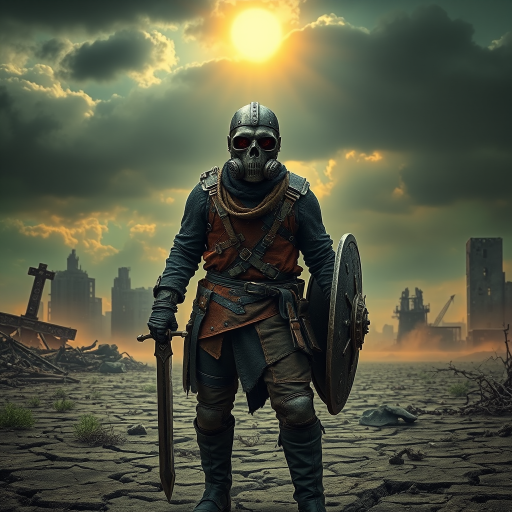 A post-apocalyptic wasteland with a lone figure, The Last Warden, standing in the foreground. He wears a skull-like gas mask, with cracked lenses, and a rugged mix of leather and scavenged armor. His attire is weathered and patched, showing signs of long battles and harsh environments. In one hand, he holds a sword made from broken steel, and in the other, a shield made from scrap metal. The background features a desolate landscape with crumbling ruins of a once-thriving city, shrouded in toxic green and orange haze. The ground is cracked, with dead vegetation and twisted remnants of civilization. The sky is ominous, with dark clouds and faint rays of sunlight breaking through, symbolizing a glimmer of hope in the midst of despair. Increase the brightness of the background, making the sunlight more prominent and casting more light on the ruins and the figure to enhance the sense of hope in the scene.