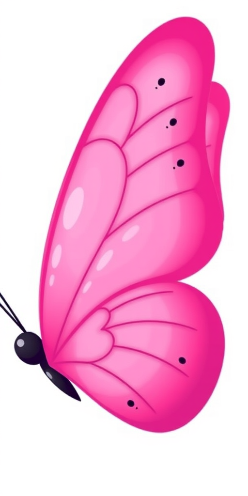 Generate an illustration of a butterfly with vibrant pink wings. The wings should have a smooth, shiny texture and feature intricate patterns with small black dots. The body of the butterfly should be slender and black, with delicate antennae on top. The overall design should be playful and colorful, suitable for a children's book.