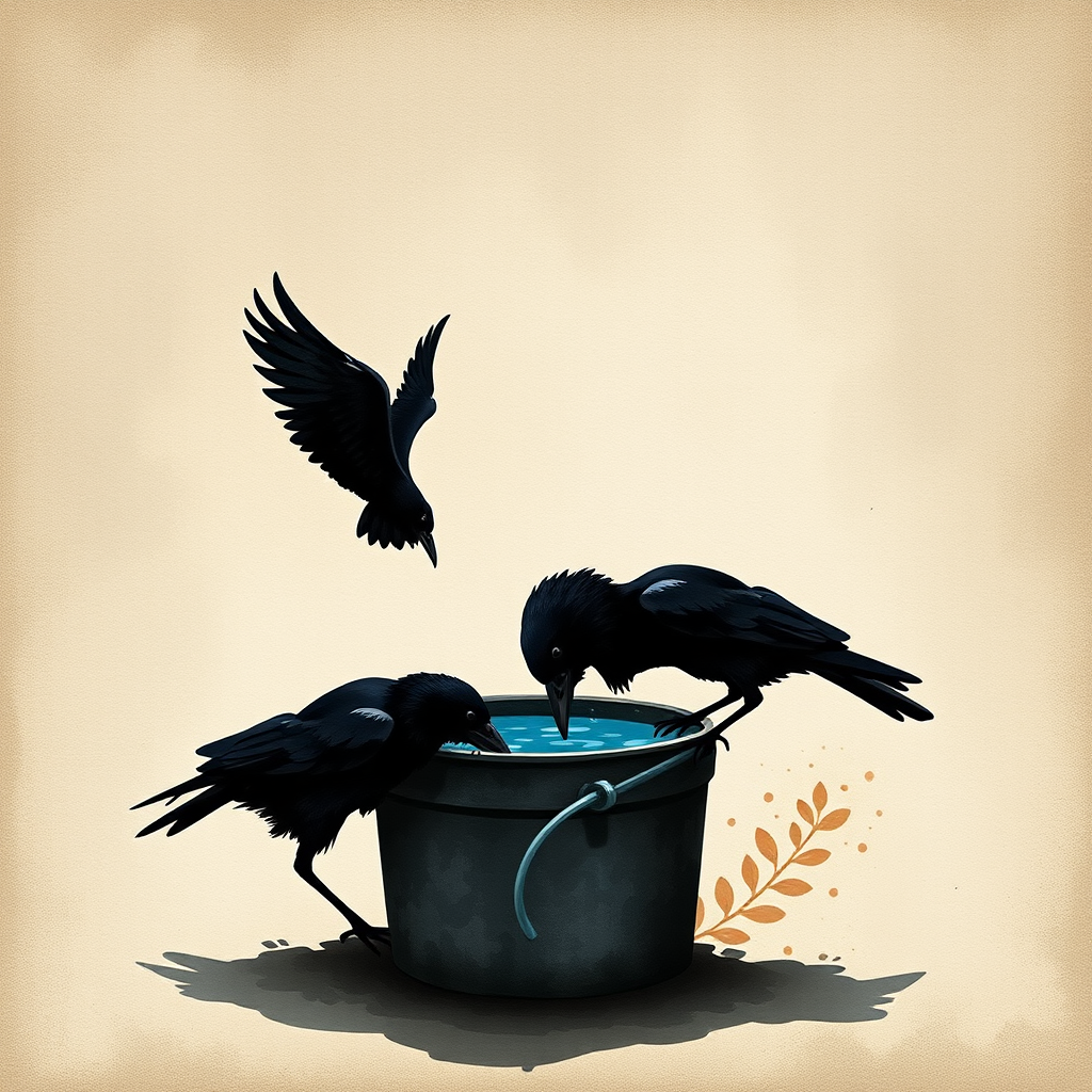 Create a watercolor painting of the silhouette of crows drinking water from a bucket, with muted colors and a textured background.