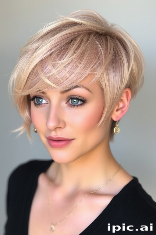 Soft rose gold pixie cut dubbed "Blush Whisper," showcases delicate layers and wispy bangs, featuring a subtle metallic sheen that catches the light beautifully, creating a feminine and ethereal appearance